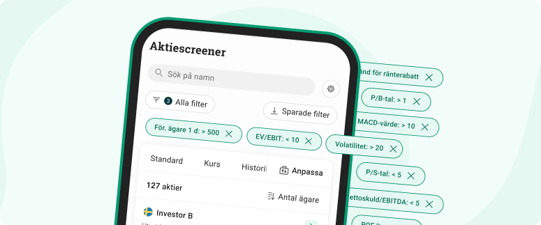 Realtidskurser & fler filter i aktiescreenern En bild på en vy i avanzaappen som visar actiescreenern och att antal filter.