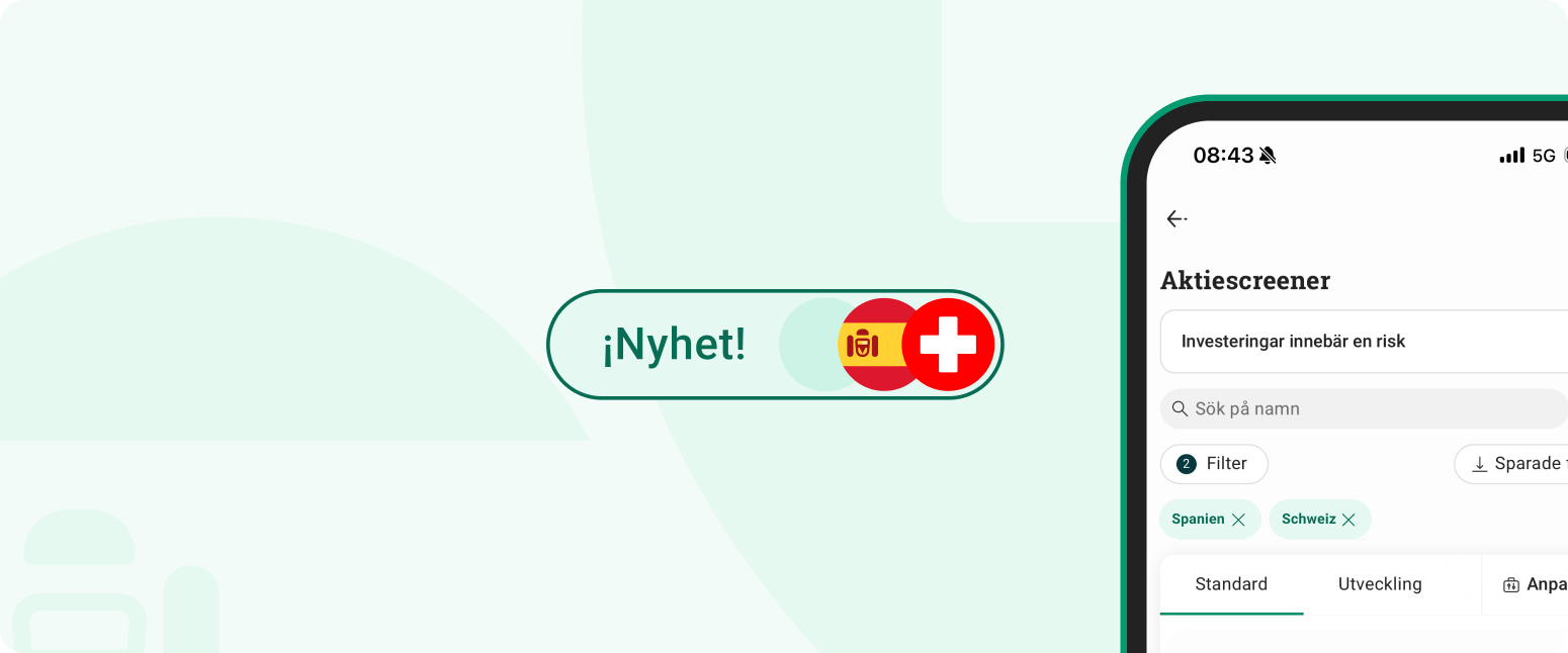 Aktiescreener En bild på en vy i avanzaappen som visar Aktiescreenern och olika filtreringsmöjligheter.